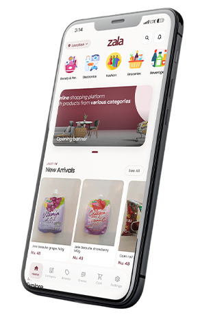 Zala app home screen with shopping categories, an opening banner and new arrivals