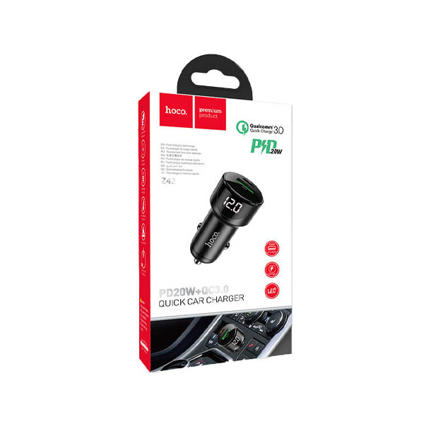 Hoco Light Road Dual Port Digital Display PD20W + QC3.0 Car Charger - Z42(Black)